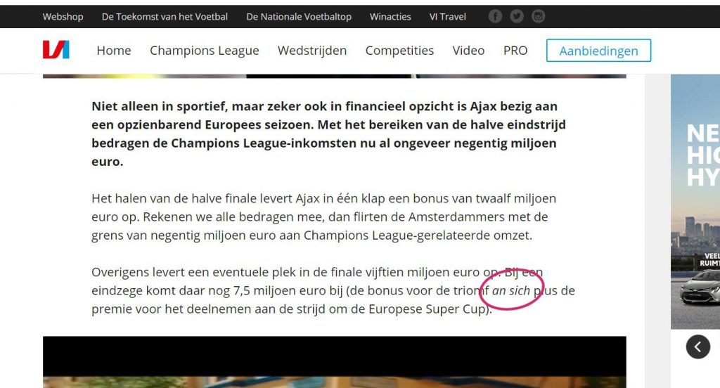 Voorbeeld leenwoord Voetbal International gebruikt an sich